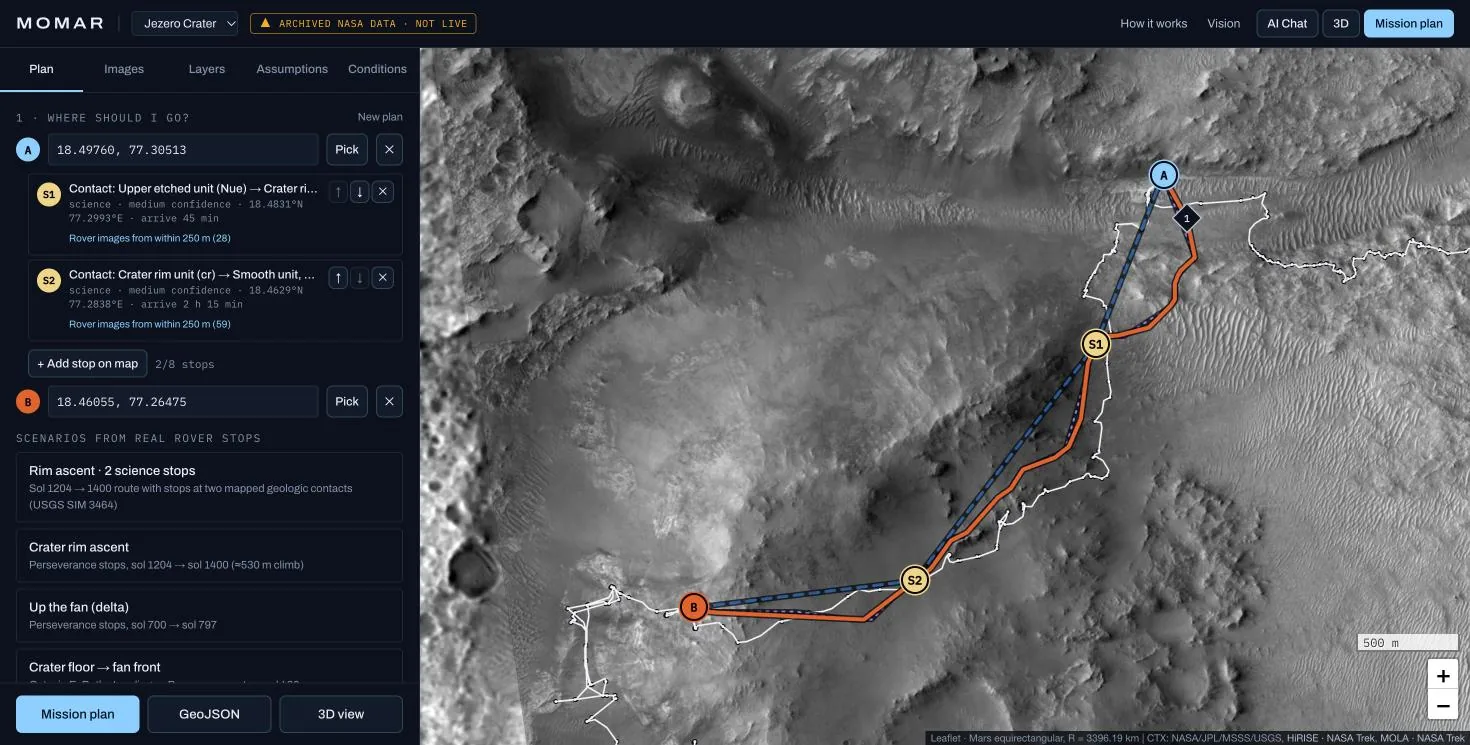 MOMAR planner showing shortest and lower-risk routes up the Jezero crater rim on CTX imagery